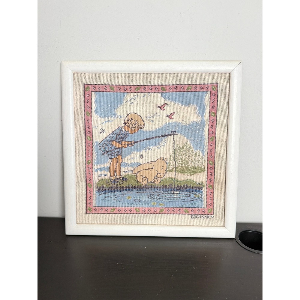 Classic Pooh Christopher Robin Fishing Framed Tapestry Wall Art Disney 15x15